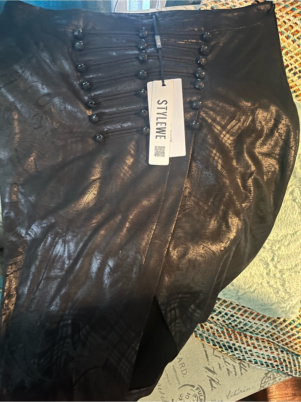 STYLEWE Black Faux Leather Button-Trim Pencil Skirt